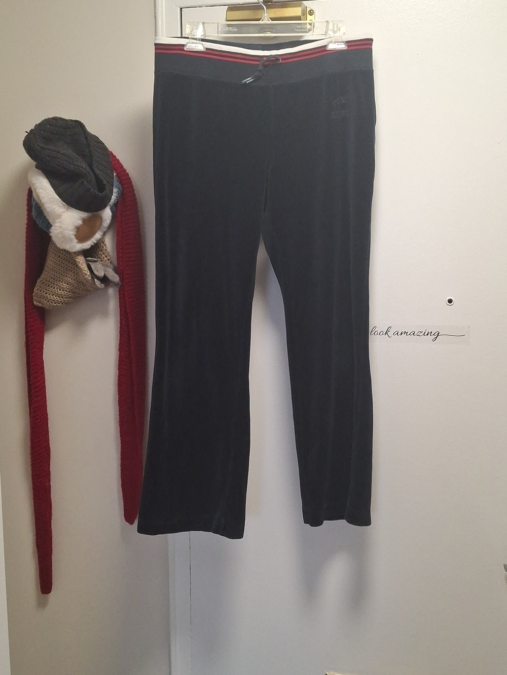 Tommy Hilfiger Black Velour Lounge Pants Y2K Tracksuit Bottoms M Inseam 28"